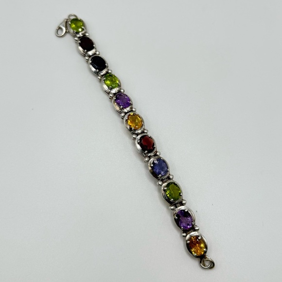 Vintage Dwarka India Multi-Stone Sterling Silver 925 Tennis Bracelet 7.5” - Picture 1 of 5